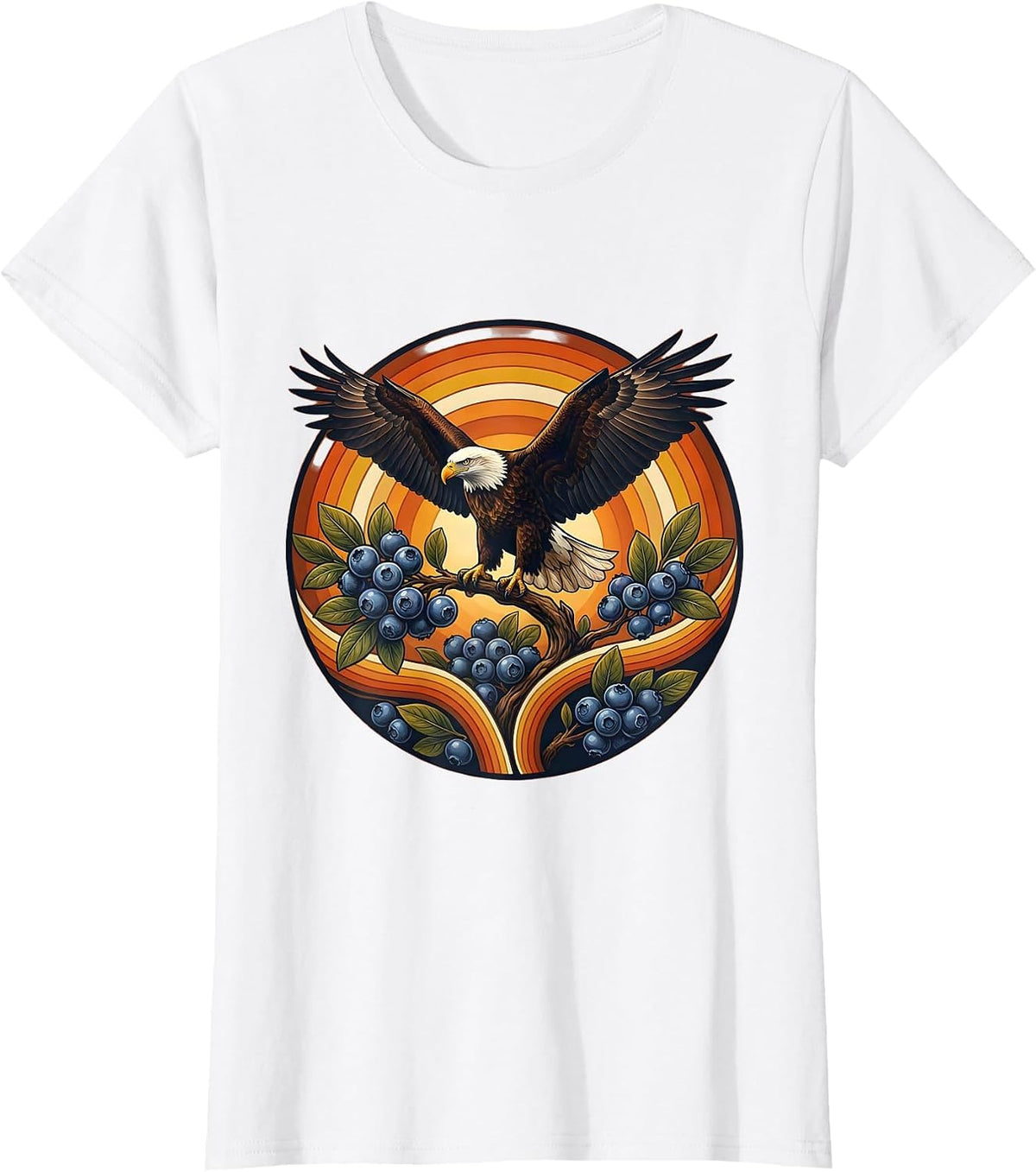 Women's Red White and Blueberries Bald Eagle Design T-Shirt - White