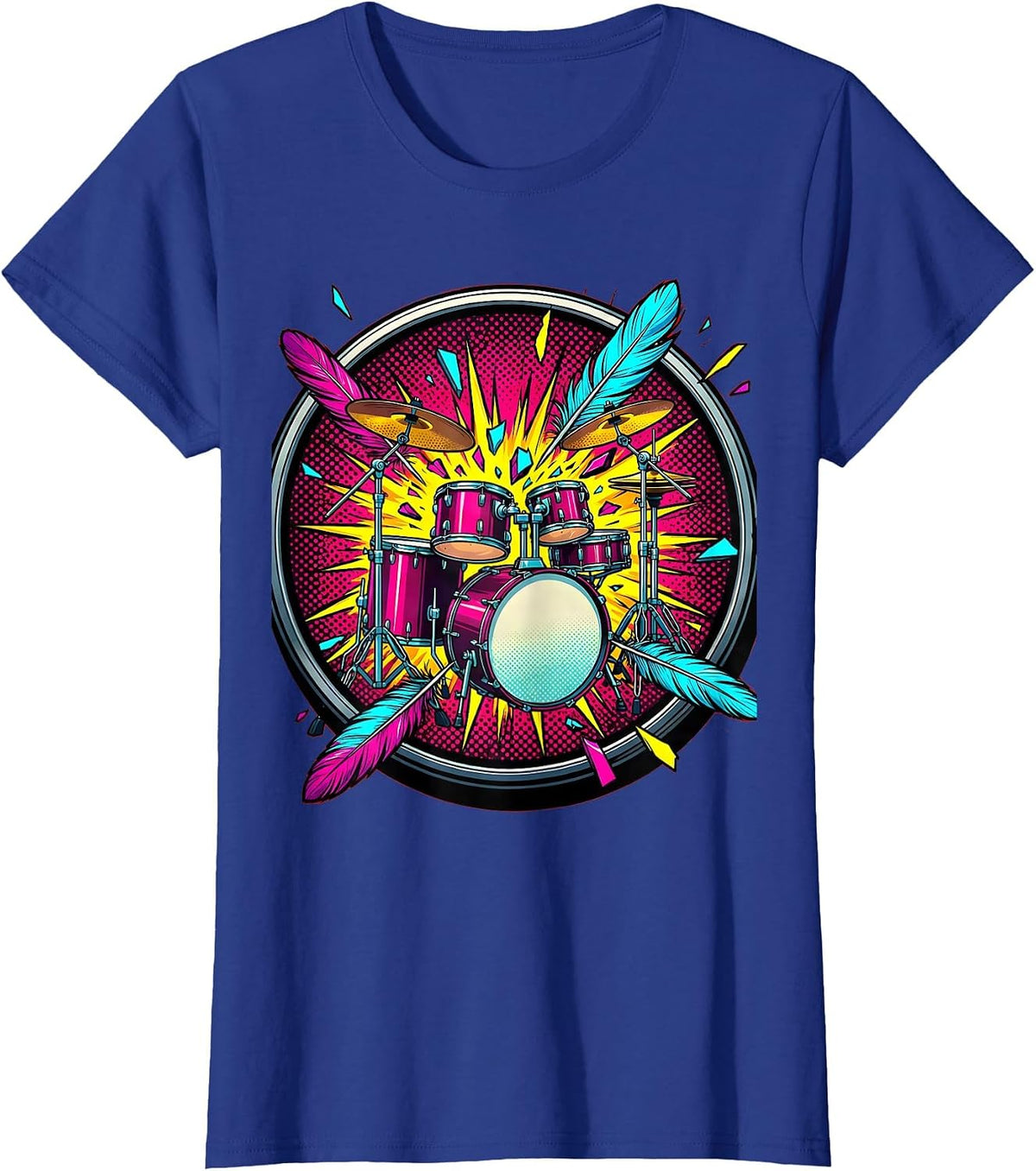 Women's Drum Kit Feather Explosion Music Art Design T-Shirt - Royal Blue