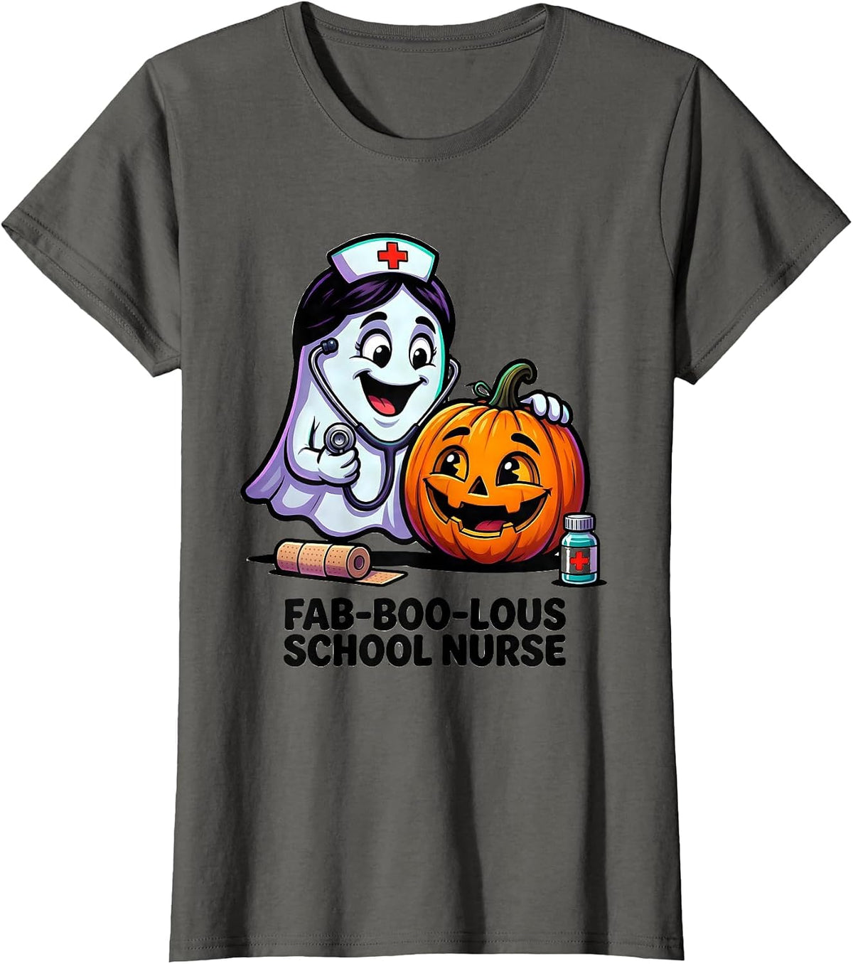 Women's Fab-Boo-Lous School Nurse Cartoon Ghost Halloween Costume T-Shirt - Asphalt Grey