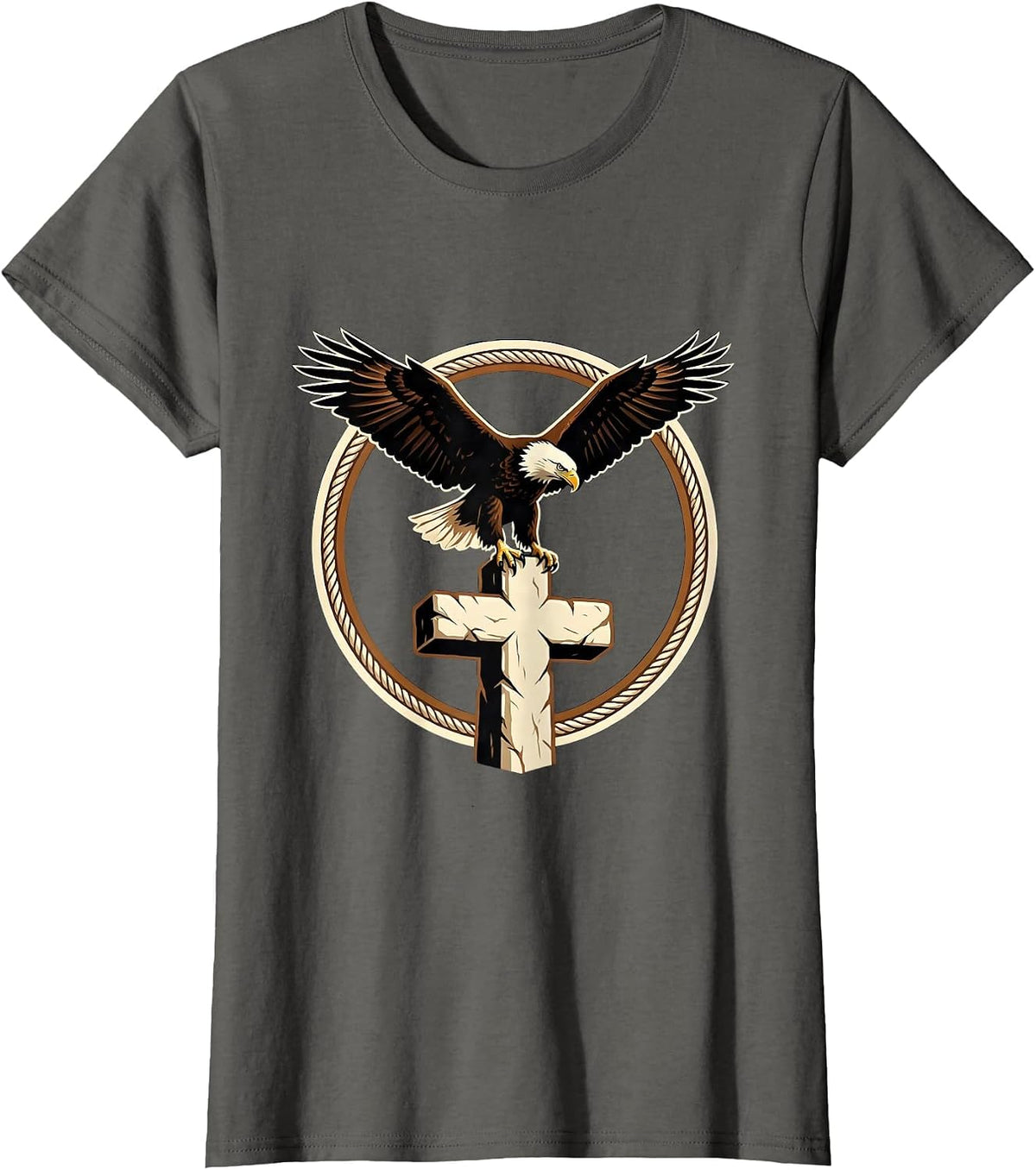 Women's Bald Eagle Perched on Stone Cross Christian Design T-Shirt - Asphalt Grey