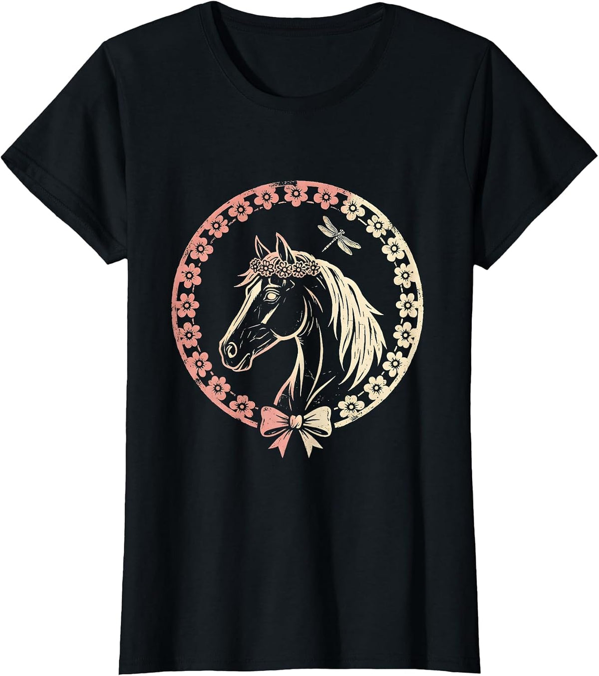 Bride White Horse Floral Crown Illustration T-Shirt - Black