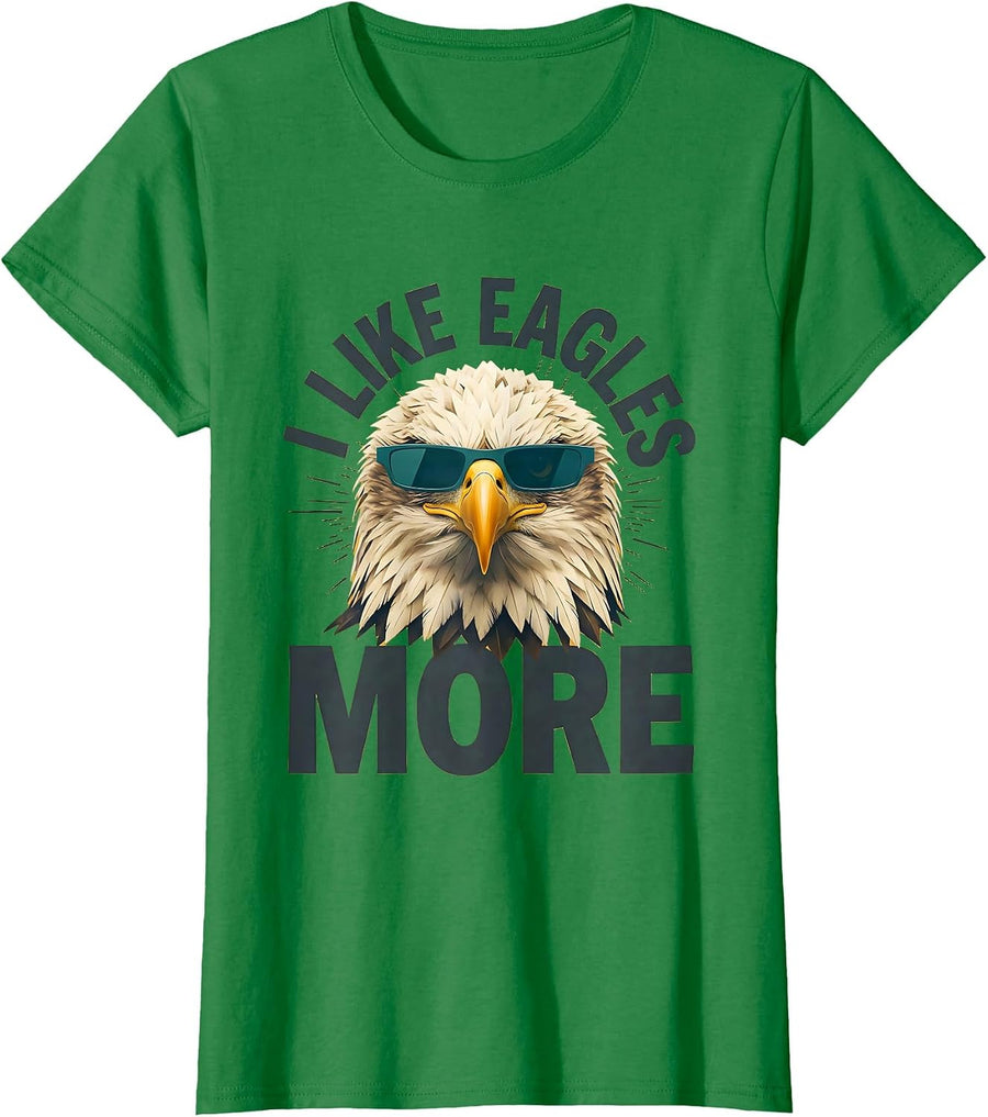 Women's I Like Eagles More Midcentury Modern Bald Eagle Sunglasses T-Shirt - Kelly Green