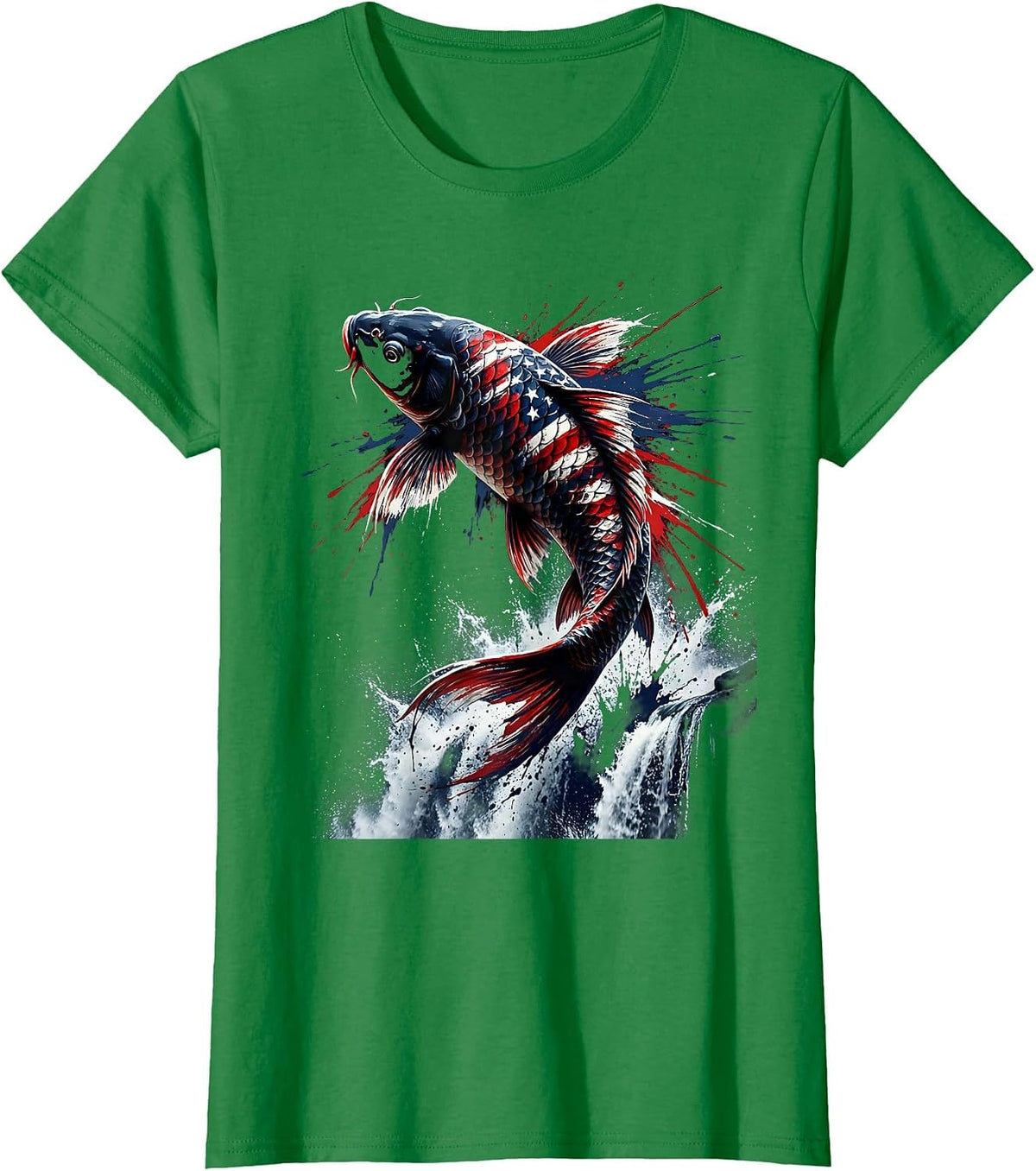 Women's Koi Fish Leaping Waterfall Nature Illustration T-Shirt - Kelly Green