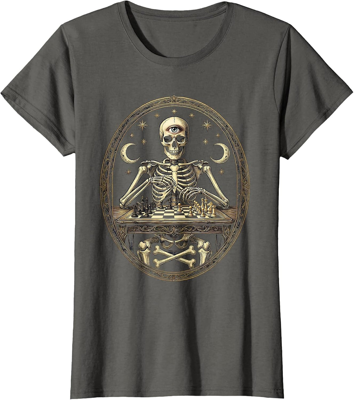 Women's Skeleton Chess Player Mid-Game Illustration T-Shirt - Asphalt Grey
