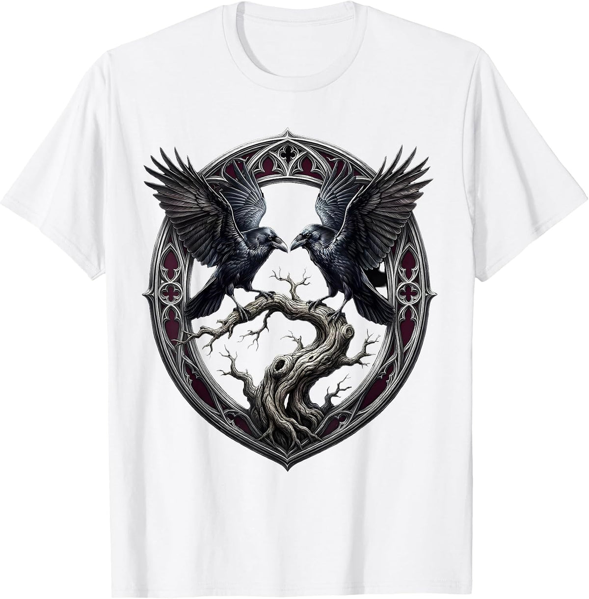 Men's Crow and Raven Face-Off on Branch Illustration T-Shirt - White