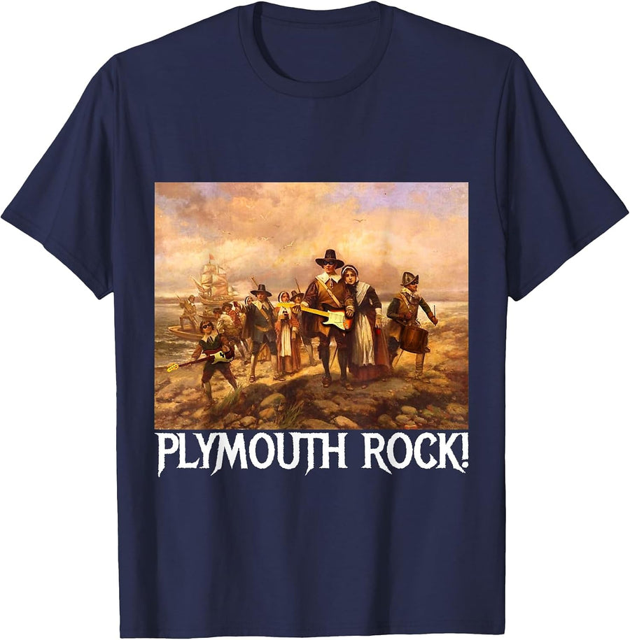 Plymouth Rock! Thanksgiving Pilgrims Rocking Guitars & Drum T-Shirt - Navy Blue