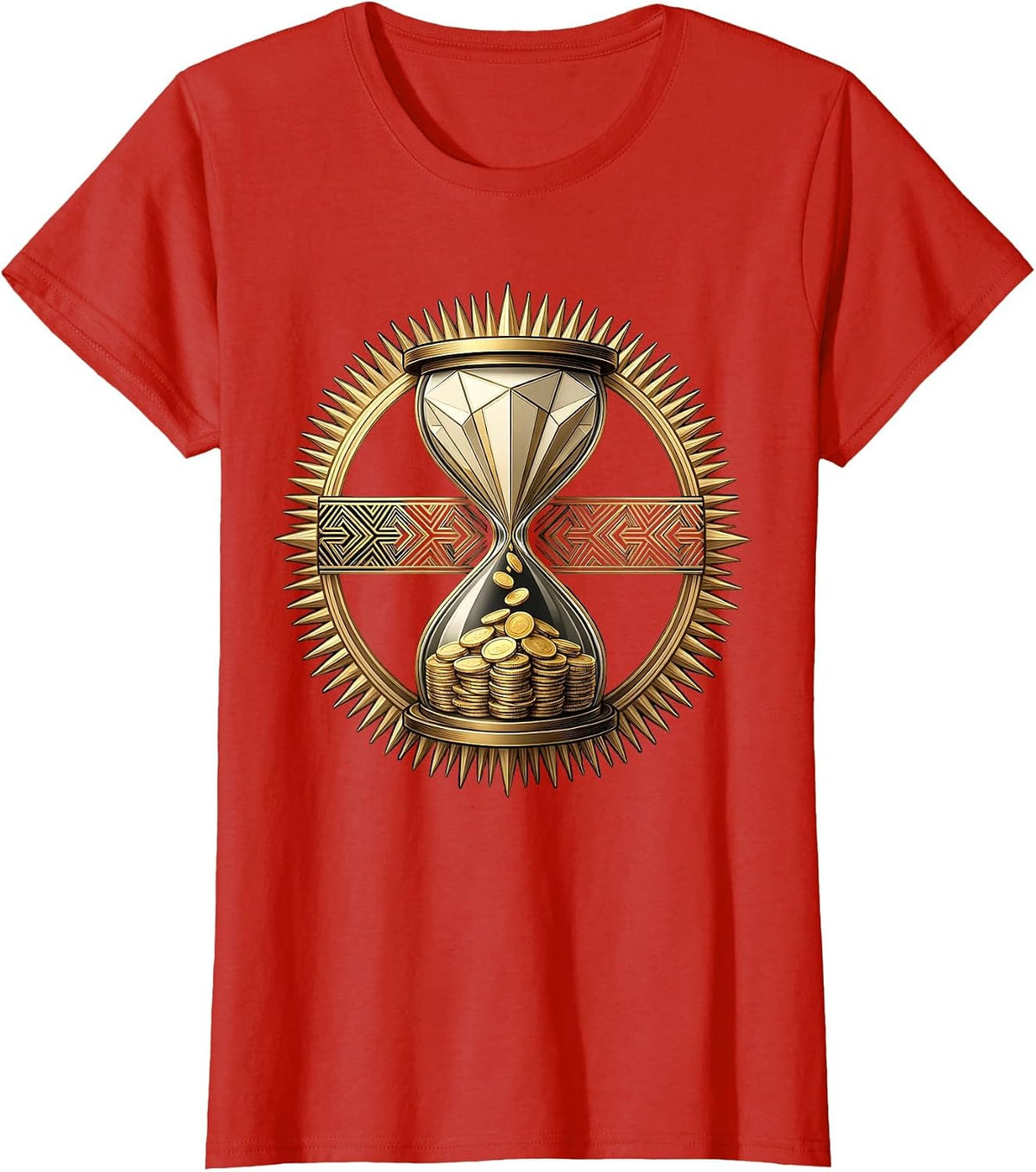 Black and Gold Hourglass Falling Coins Graphic T-Shirt - Red