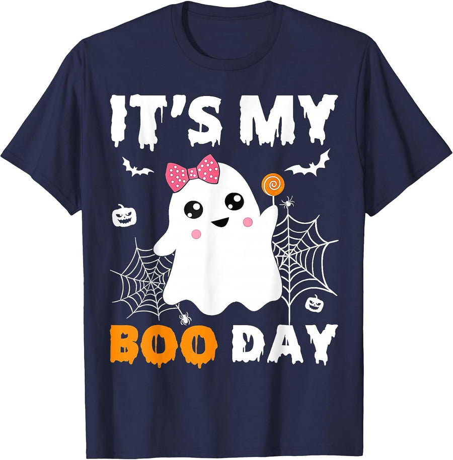 Its My Boo Day Halloween Birthday Ghost Pink Bow Girls T-Shirt - Navy Blue