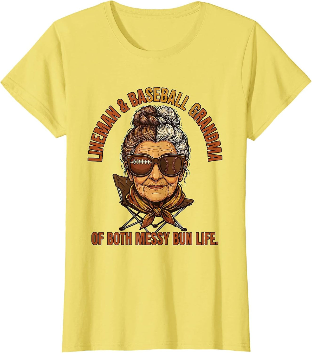 Lineman & Baseball Grandma Of Both Messy Bun Life Grandma T-Shirt - Lemon Yellow