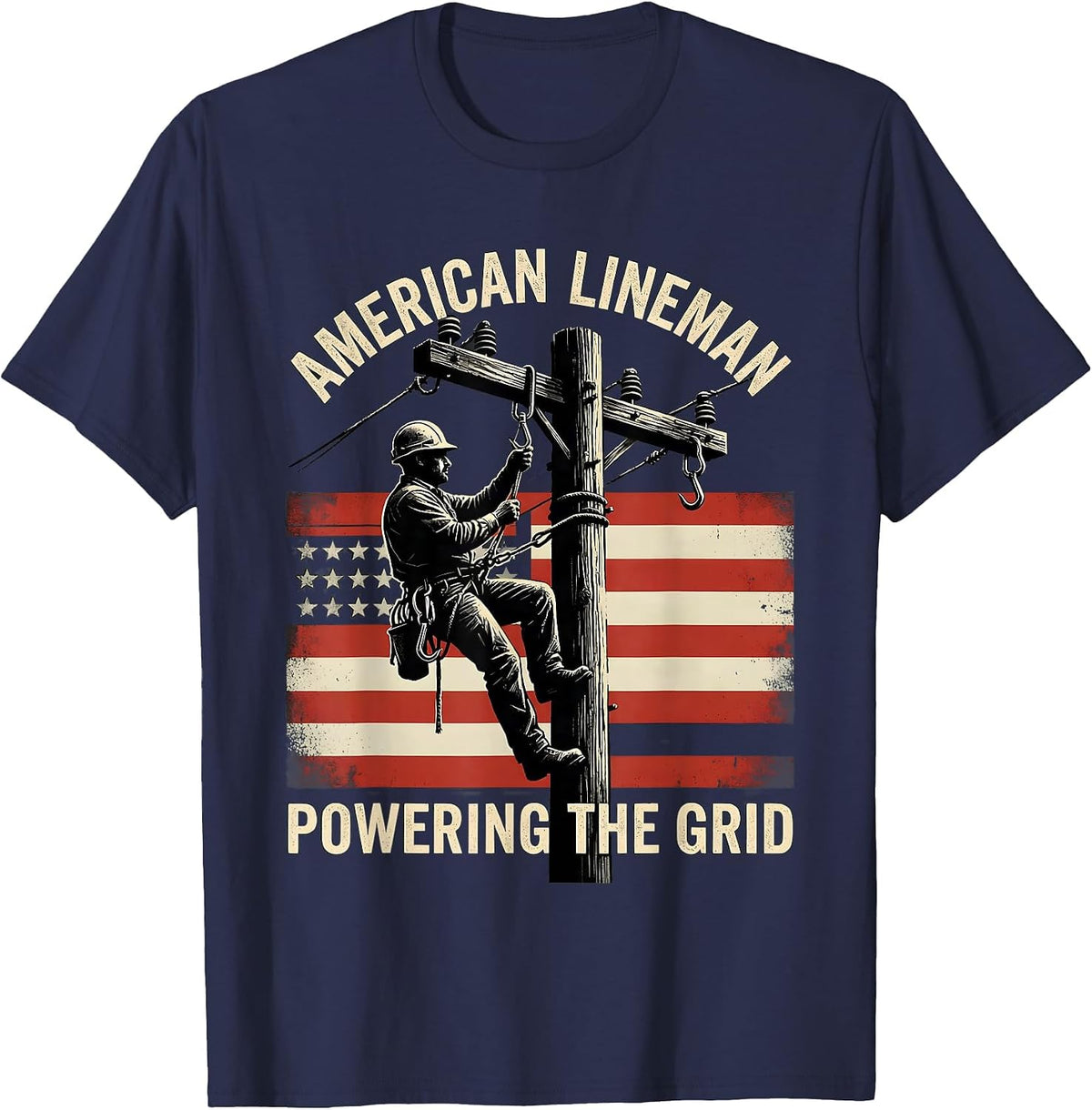 Men's American Lineman Powering the Grid Distressed Electrician T-Shirt - Navy Blue