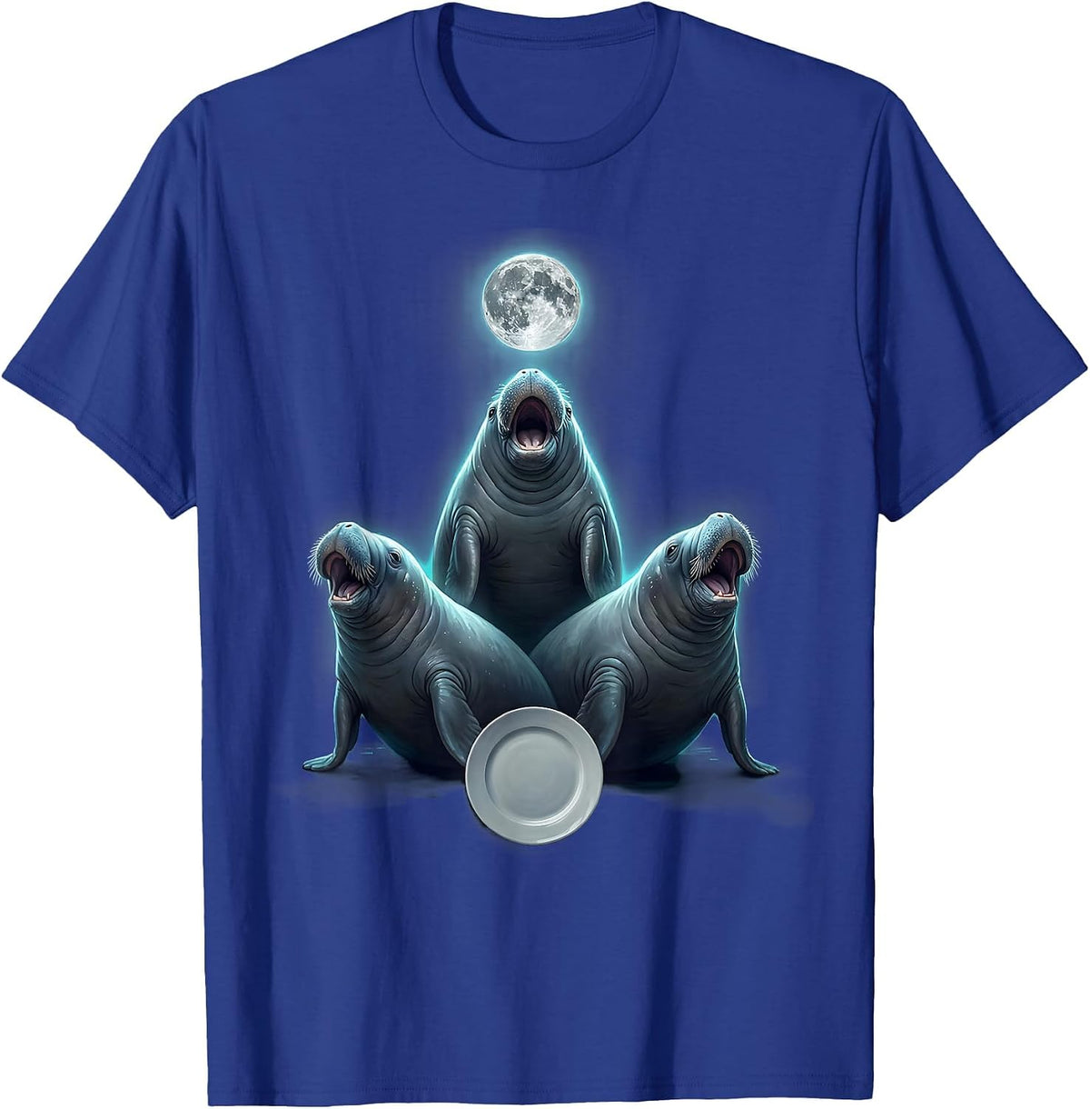 Men's Three Manatee Moon Howling Funny Animal Meme Parody T-Shirt - Royal Blue