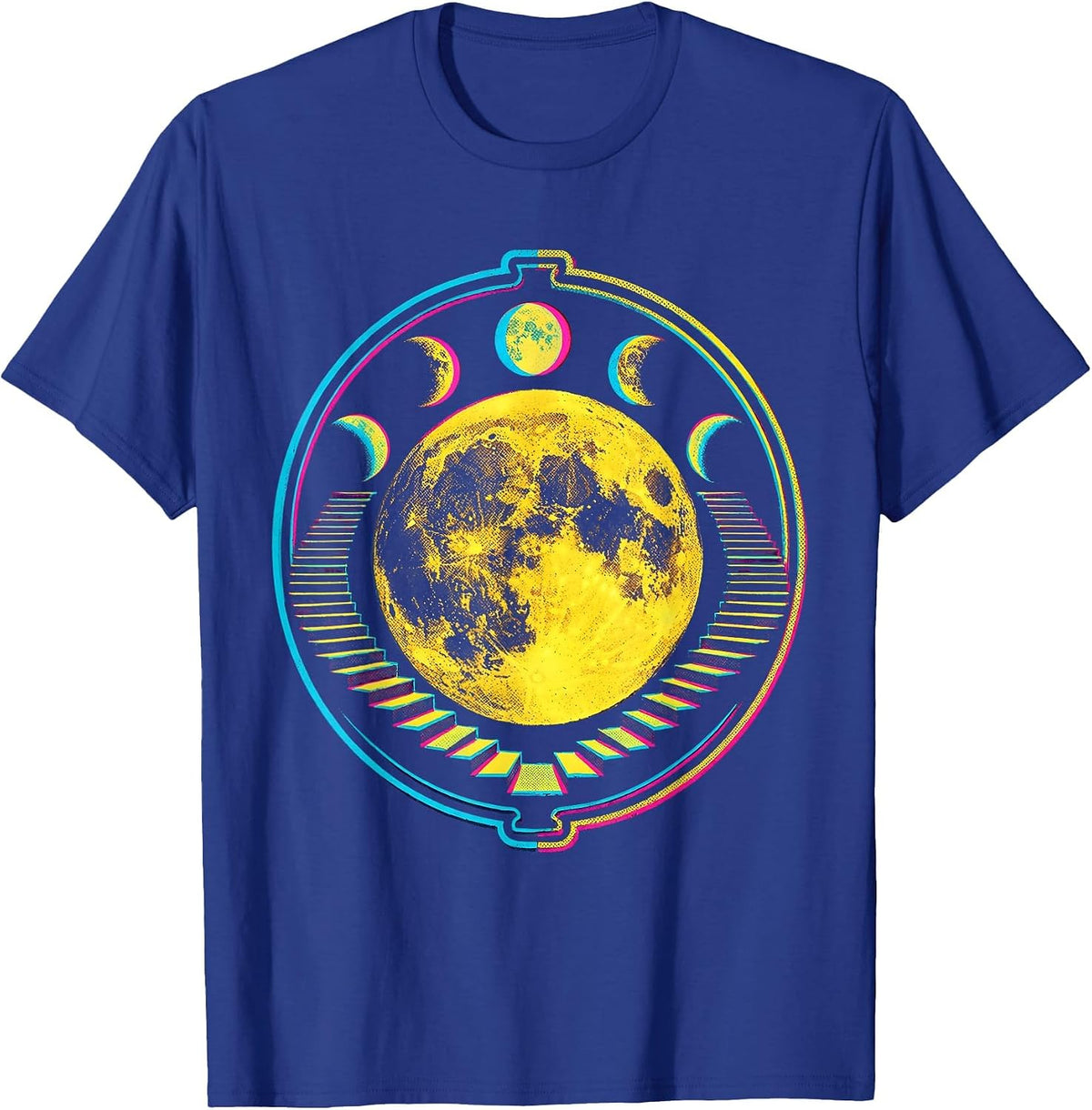 Men's Moon Phase Celestial Astronomy Boho Risograph T-Shirt - Royal Blue