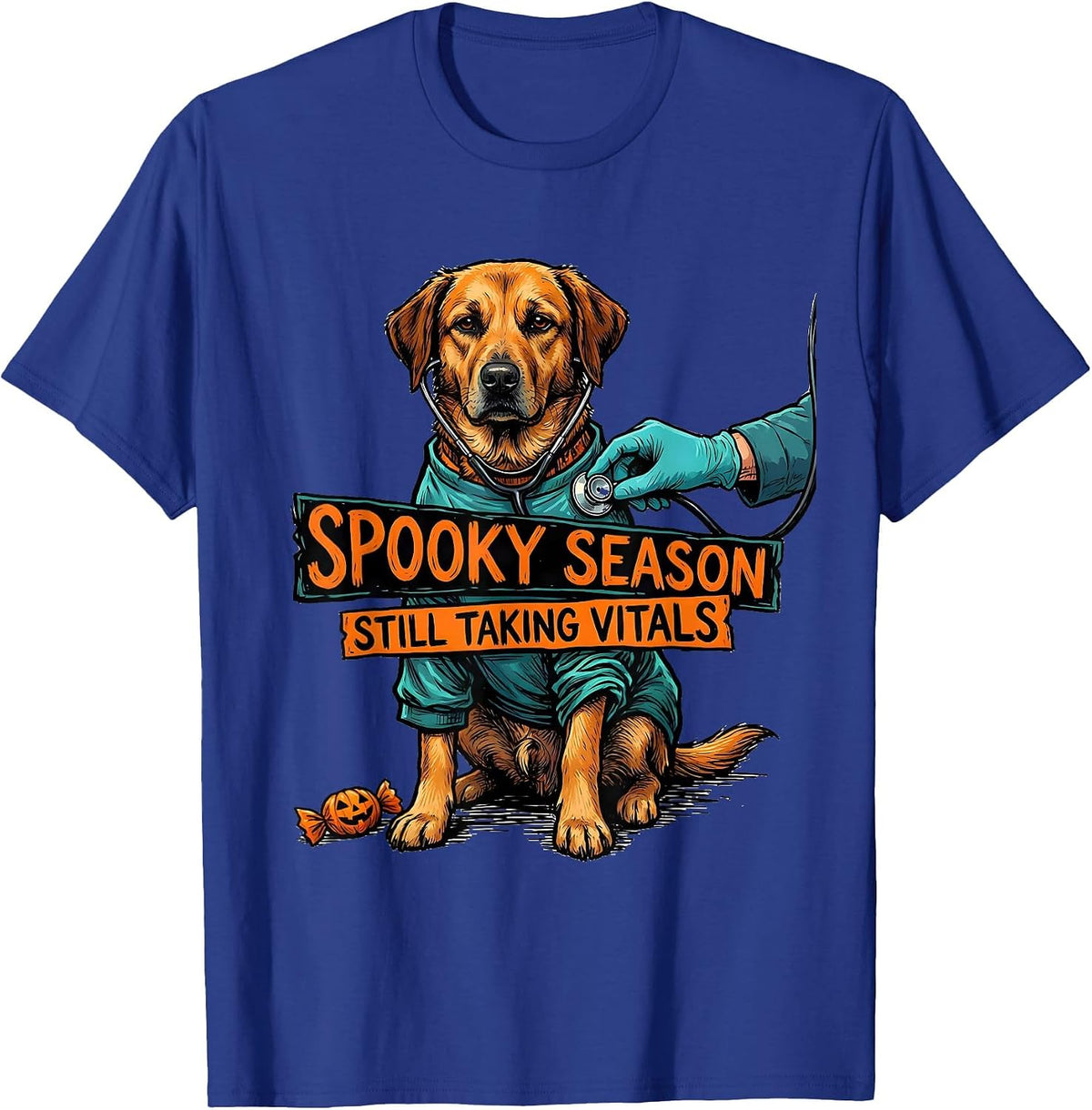 Men's Spooky Season, Still Taking Vitals Funny Vet Tech Veterinary T-Shirt - Royal Blue