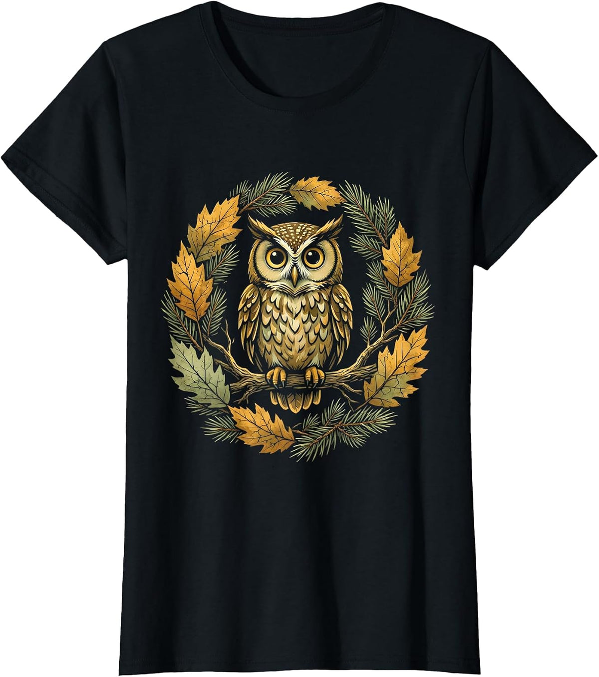 Owl on Branch Foggy Forest Cozy Season Design T-Shirt - Black