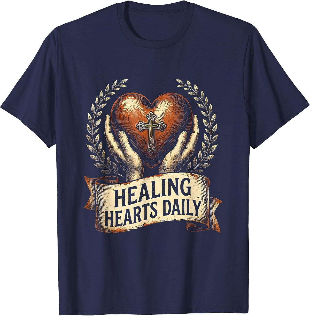 Healing Hearts Daily Hospice Nurse Design T-Shirt - Navy Blue