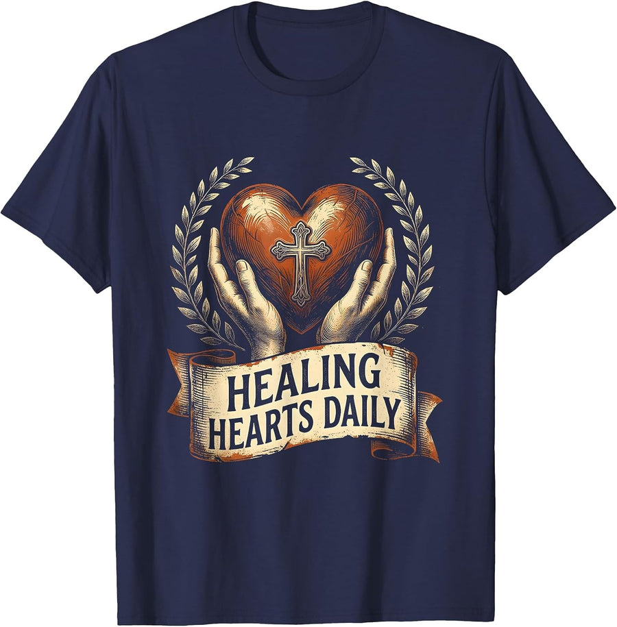 Healing Hearts Daily Hospice Nurse Design T-Shirt - Navy Blue