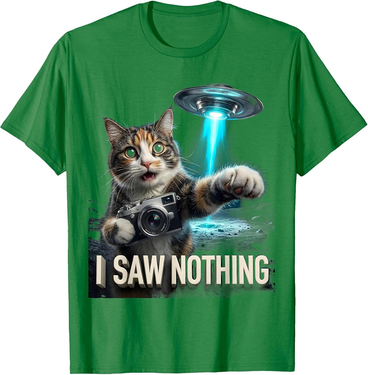 Men's I Saw Nothing Funny Cat UFO Abduction Selfie Novelty Gift T-Shirt - Kelly Green