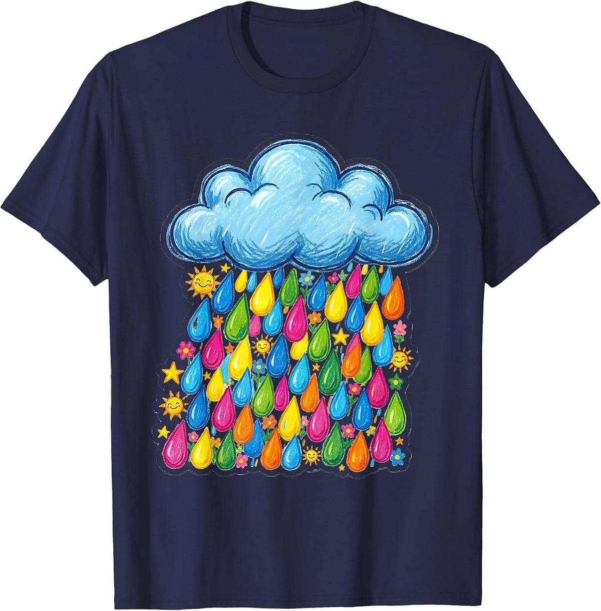 Men's Preschool Teacher Cloud Colorful Letter Rain Design T-Shirt - Navy Blue