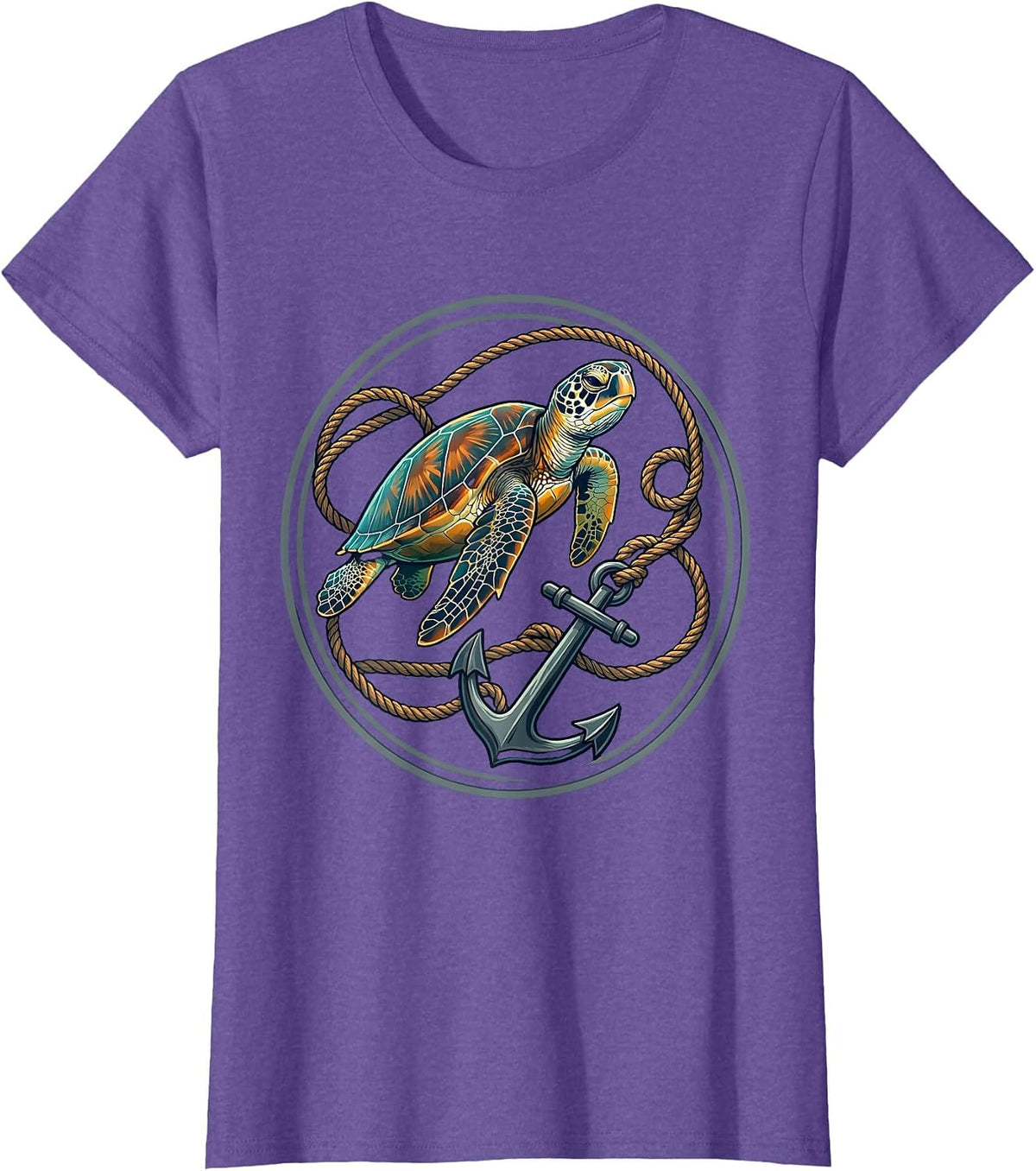 Sea Turtle Tangled in Anchor Rope Illustration T-Shirt - Purple Heather