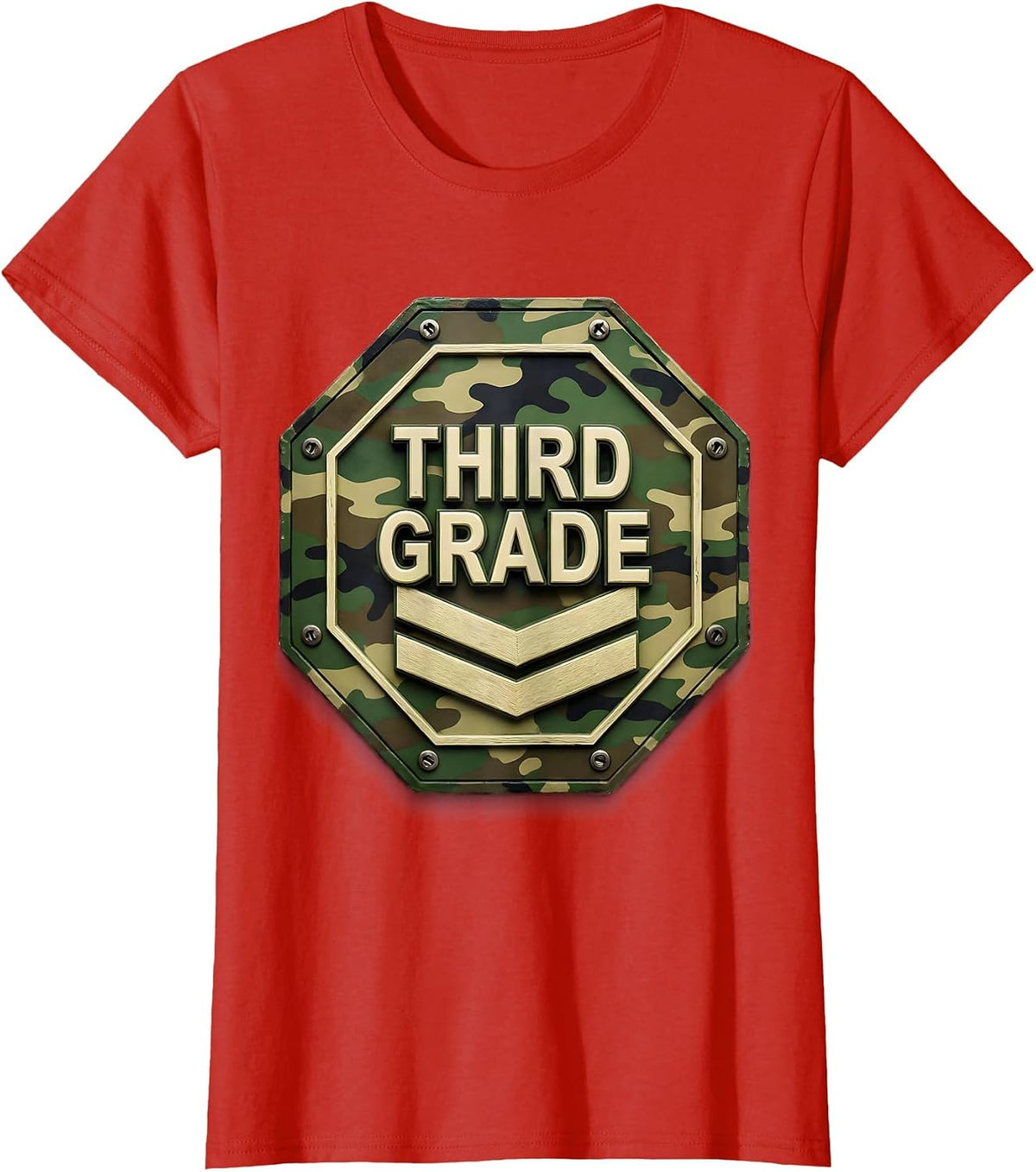 Third Grade Octagonal Camo Rank Plate Back To School Boy T-Shirt - Red