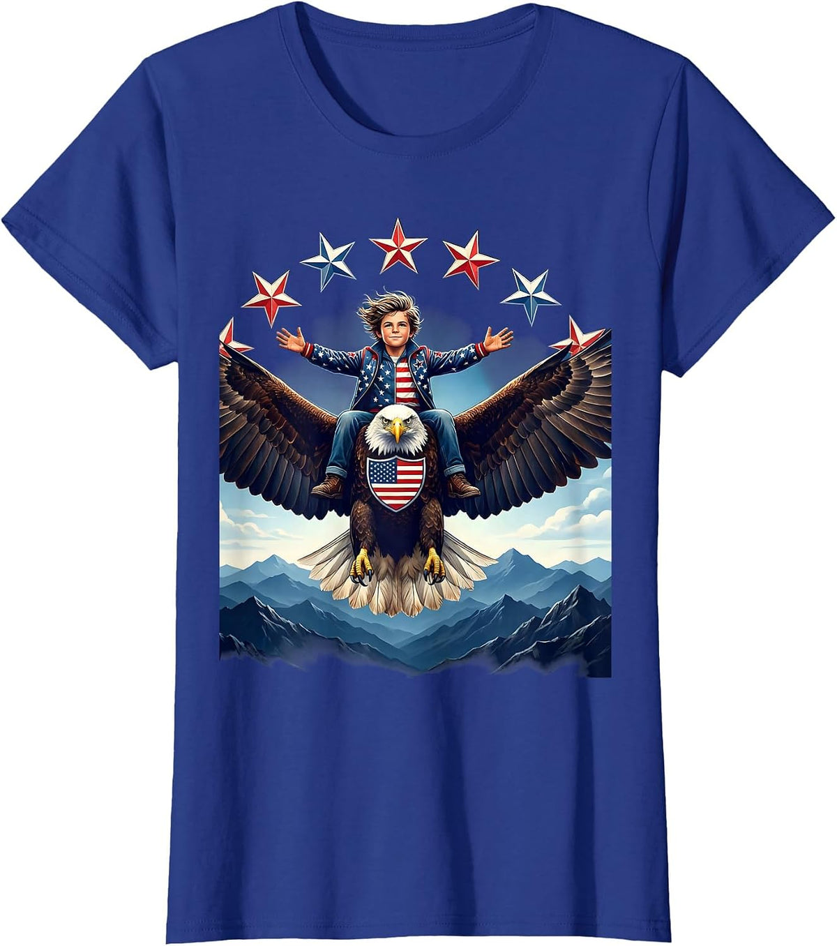 Women's American Flag Bald Eagle Mountain Rider Design T-Shirt - Royal Blue