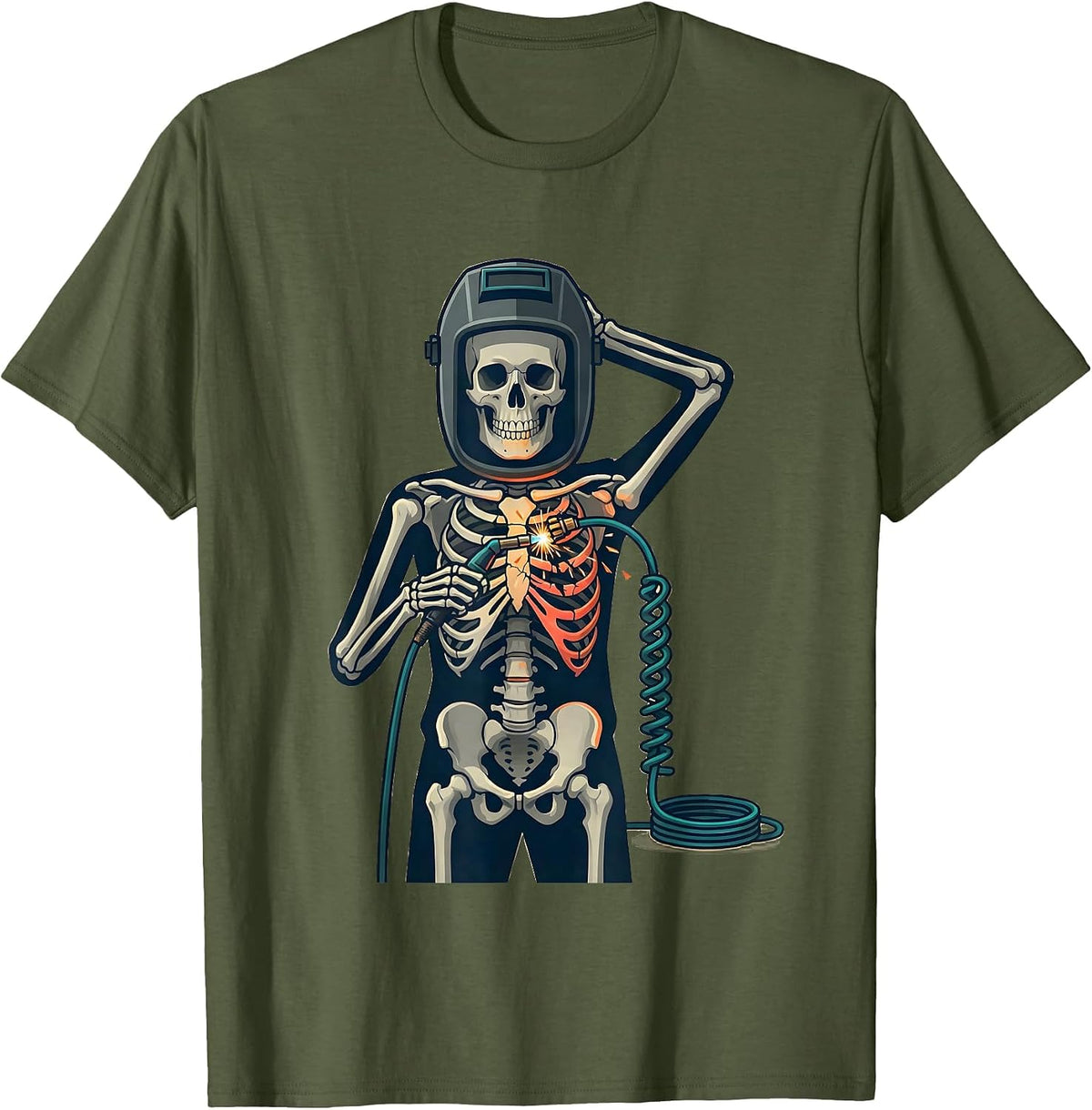 Men's Skeleton Welder Funny Tradesman Humor T-Shirt - Olive Green