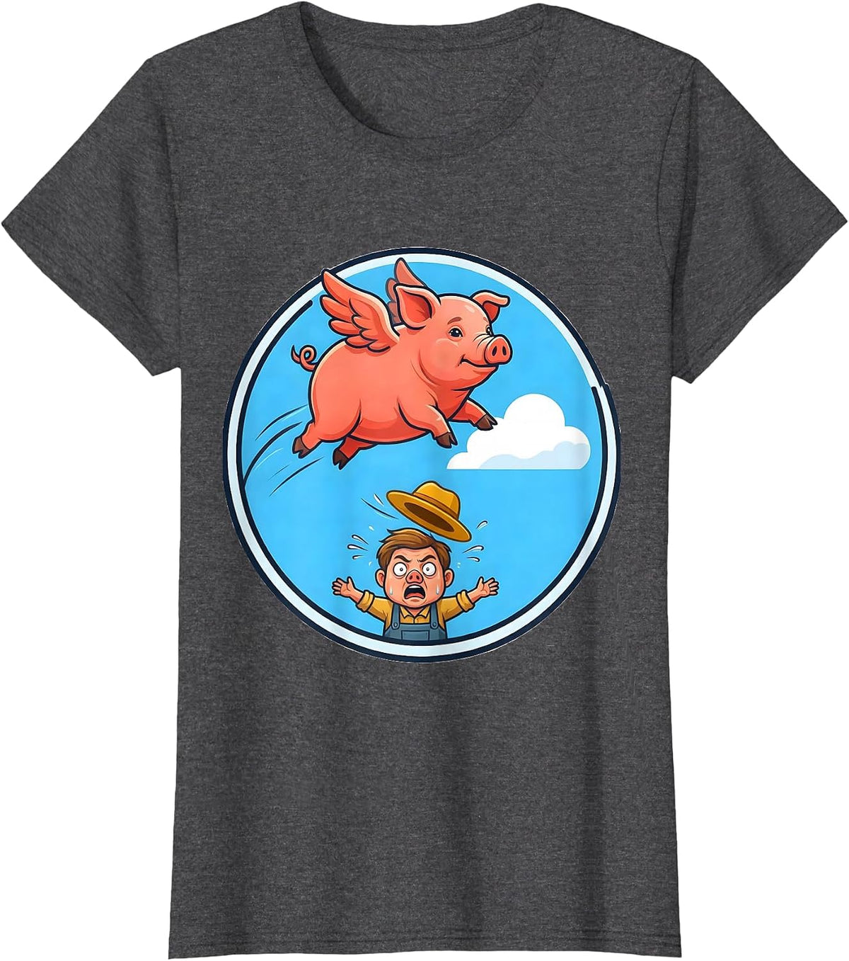 Women's Funny Flying Pig Soaring Past Shocked Farmer T-Shirt - Dark Heather Grey