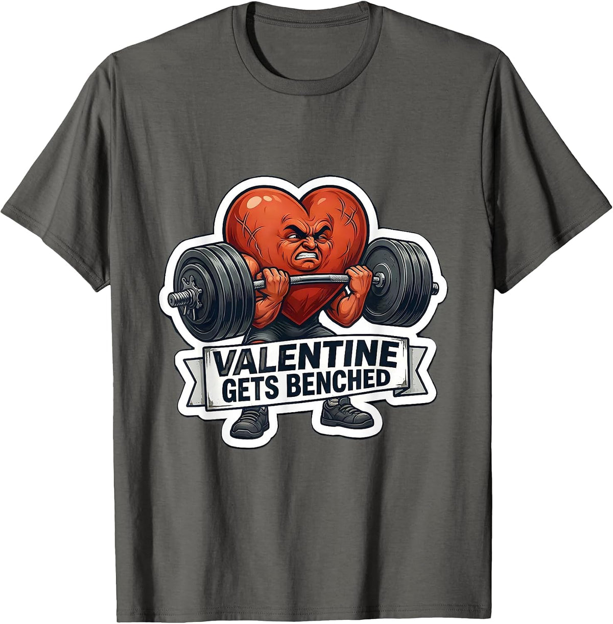 Valentine Gets Benched Funny Gym Heart Weightlifting Humor T-Shirt - Asphalt Grey