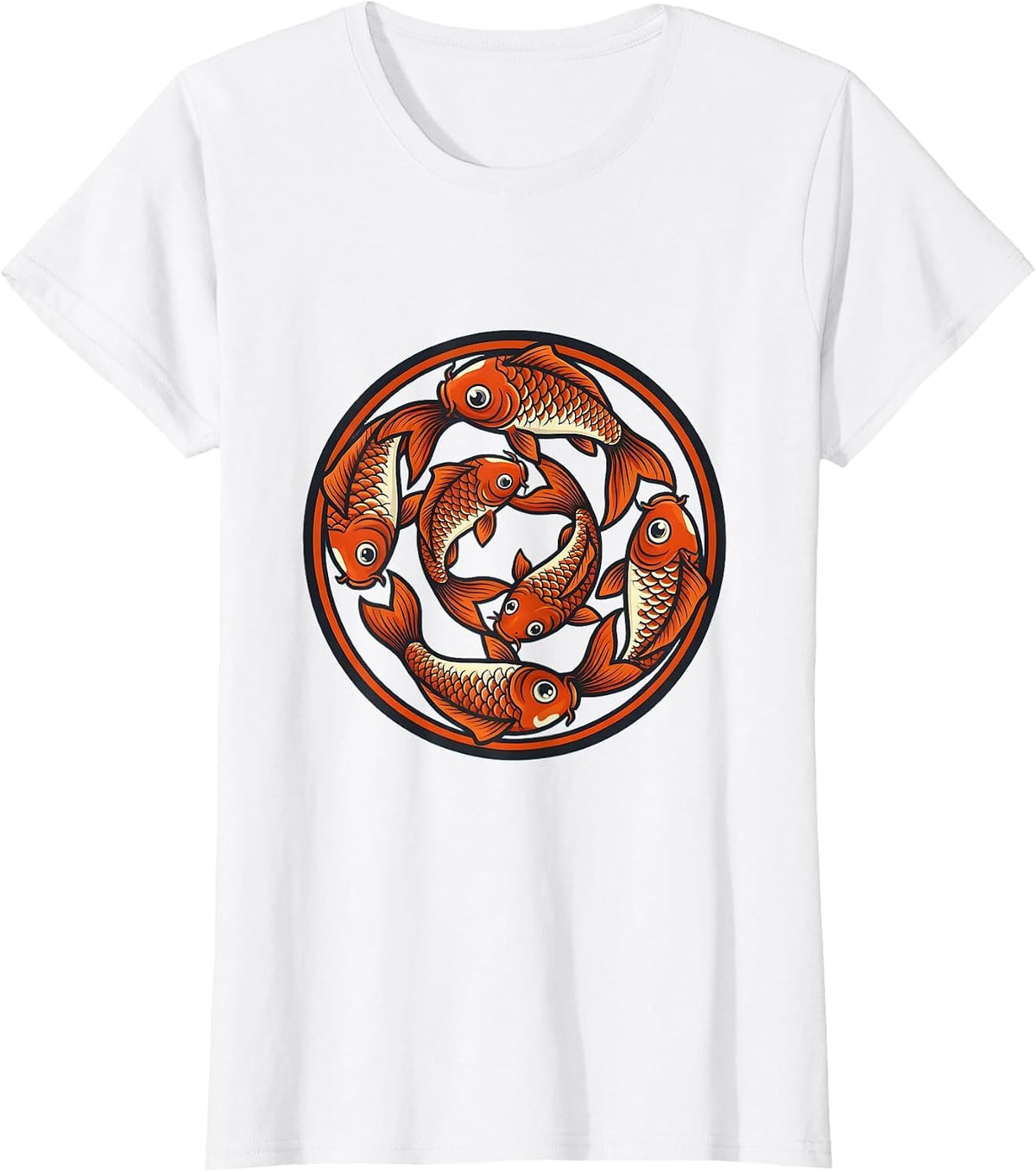 Women's Six Koi Fish Swimming in Spiral Illustration T-Shirt - White