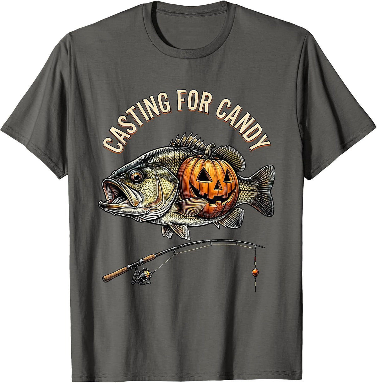 Men's Casting for Candy Funny Halloween Skeleton Fishing Bass T-Shirt - Asphalt Grey
