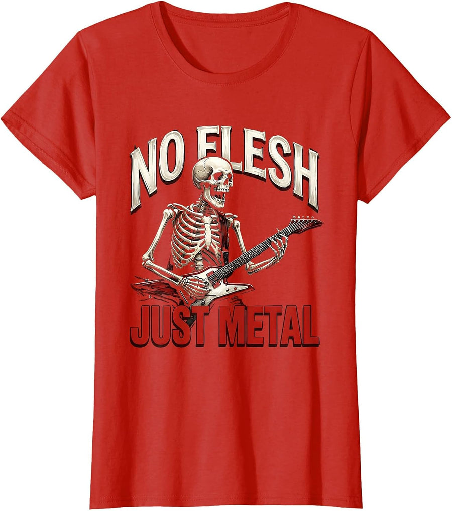 Women's Skeleton Rock Band No Flesh Just Metal Design T-Shirt - Red
