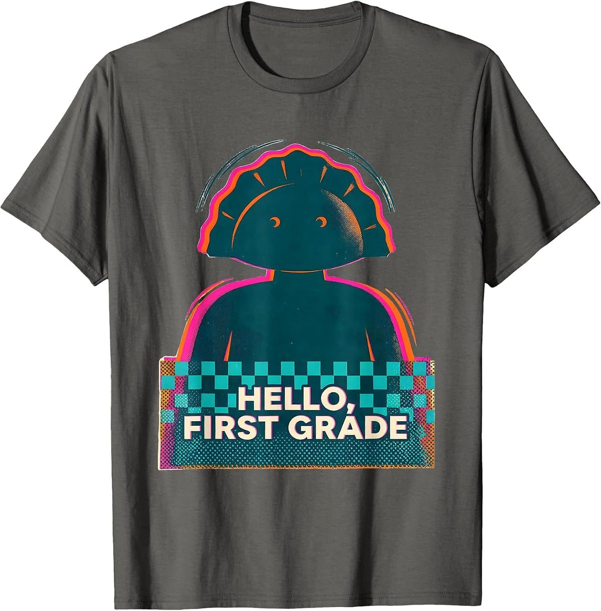 Hello, First Grade Cute Dumpling Girl Back to School Teacher T-Shirt - Asphalt Grey