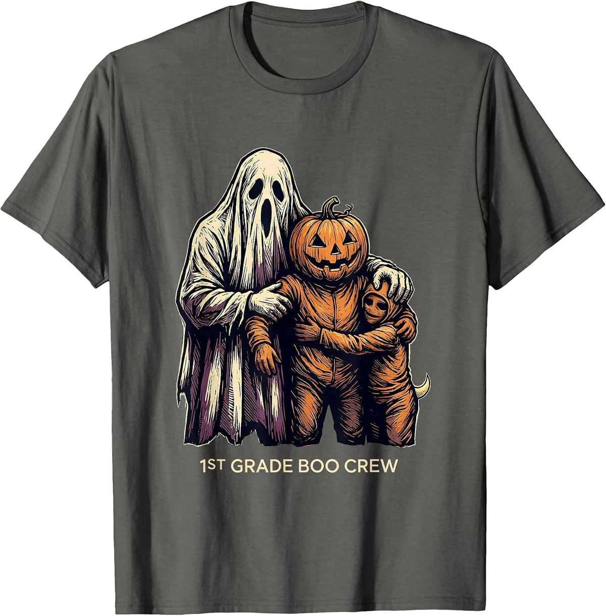 Men's 1st Grade Boo Crew Playful Halloween Teacher Student Crew T-Shirt - Asphalt Grey