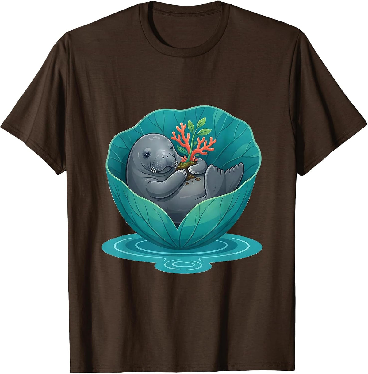 Manatee In Lily Leaf Funny Crystal River Florida Souvenir T-Shirt - Brown