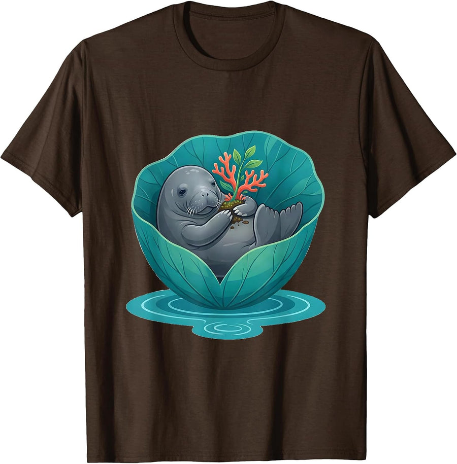 Manatee In Lily Leaf Funny Crystal River Florida Souvenir T-Shirt - Brown