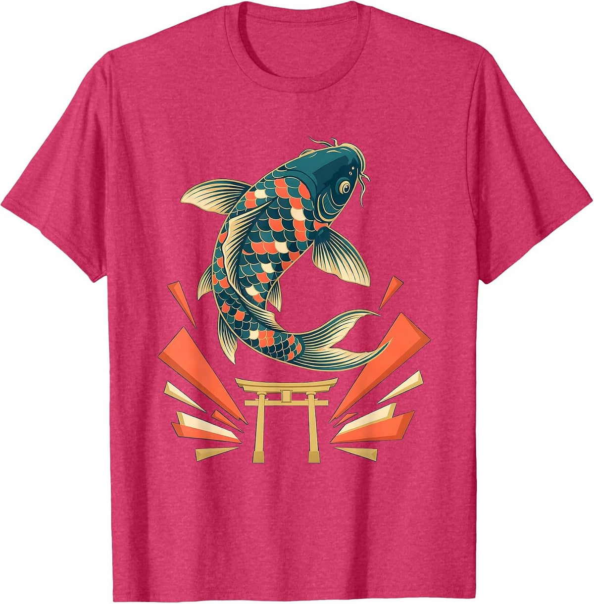 Giant Koi Fish Leaping Over Torii Gate Anime Art T-Shirt - Red Heather
