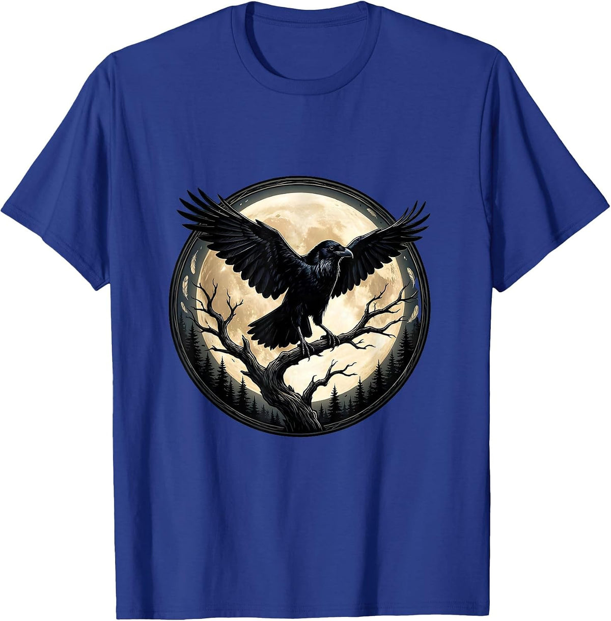 Men's Raven Silhouette Full Moon Gothic Night Sky T-Shirt - Royal Blue
