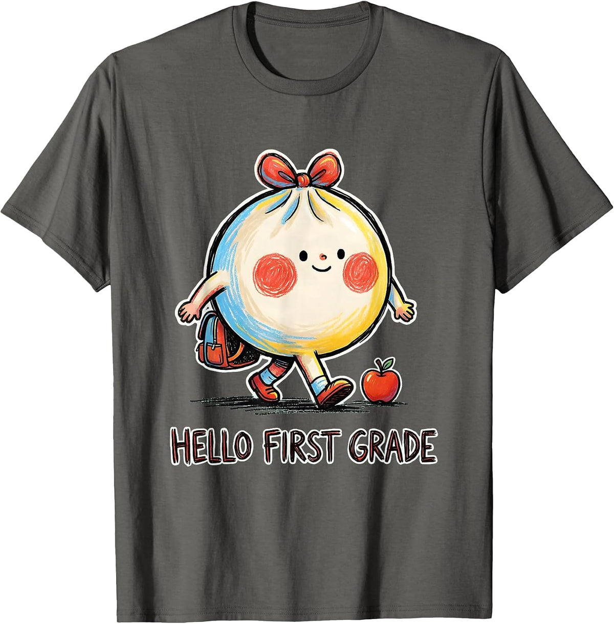 Hello First Grade Cute Dumpling Girl Teacher Back to School T-Shirt - Asphalt Grey