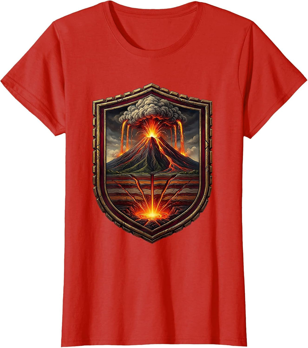 Volcanic Eruption Cross-Section Underground Layers T-Shirt - Red