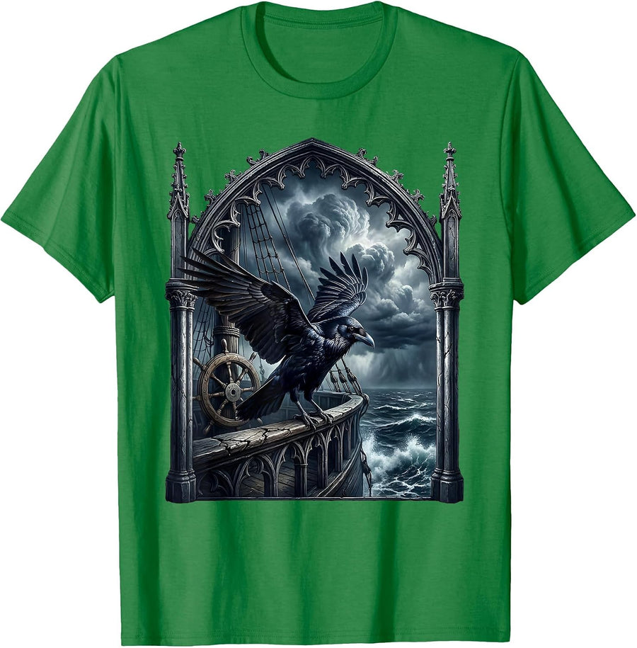 Men's Raven on Ship Railing Stormy Dusk Pirate Design T-Shirt - Kelly Green