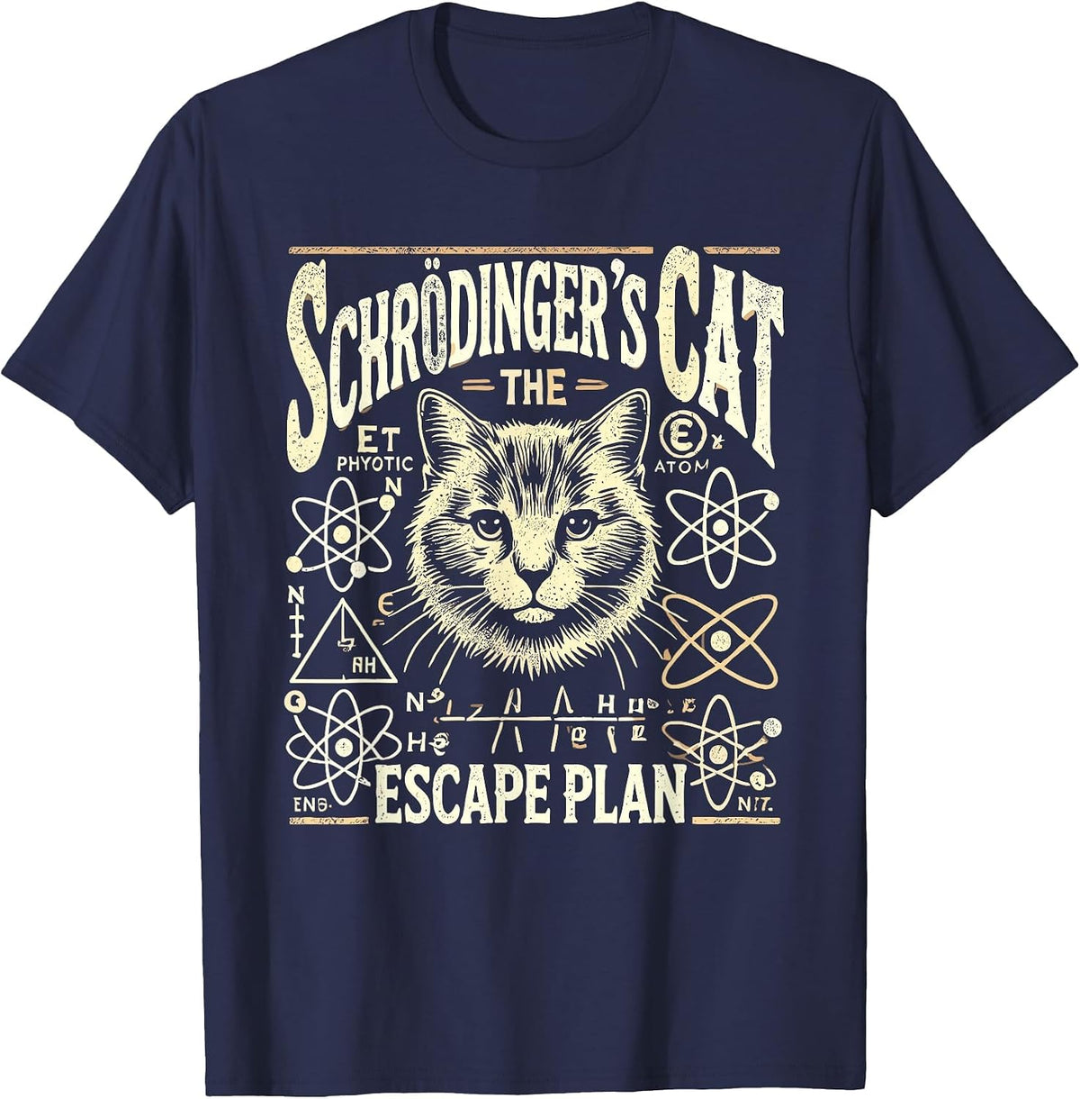 Schrodingers Cat Escape Plan, Funny Quantum Physics Science T-Shirt - Navy Blue