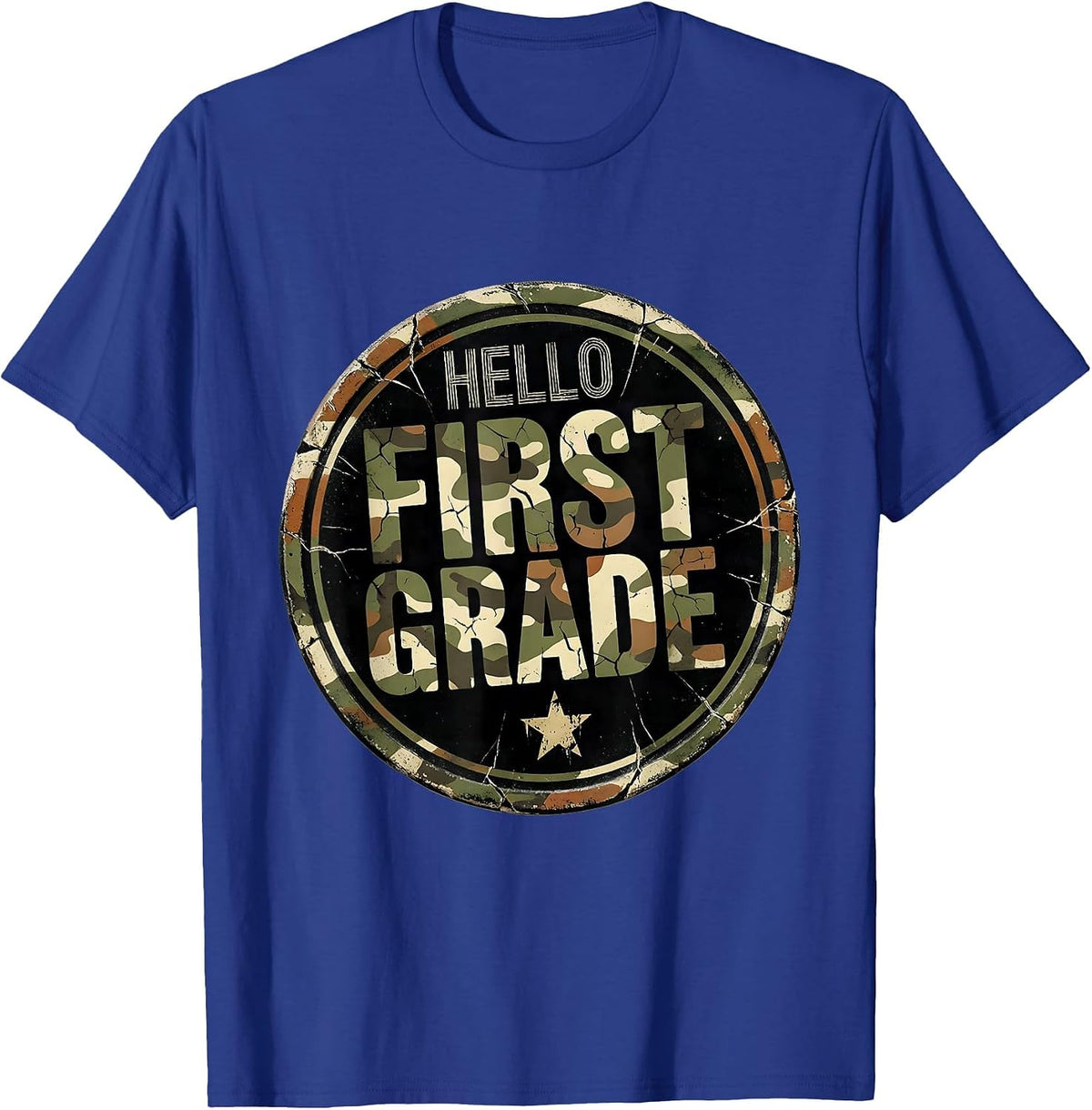 Men's Hello First Grade Distressed Camo First Day Of School Boys T-Shirt - Royal Blue