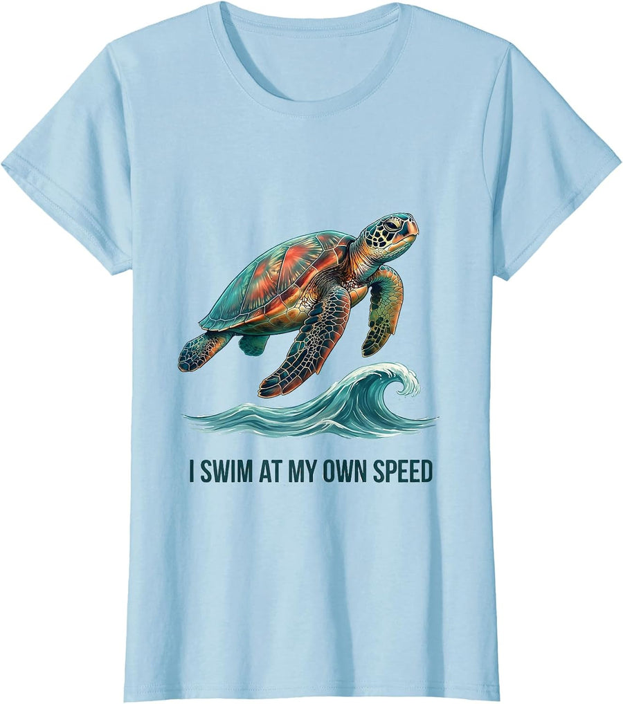 Women's I Swim At My Own Speed Funny Sea Turtle Beach Souvenir T-Shirt - Baby Blue