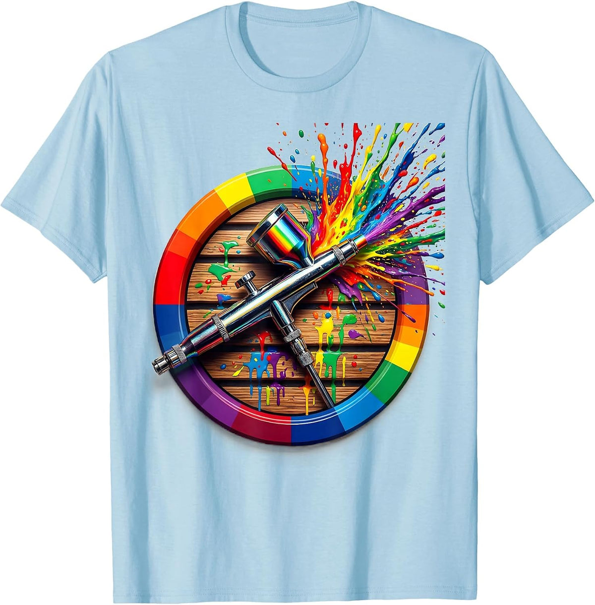 Airbrush Artist Lone Brush on Paint-Stained Workbench T-Shirt - Baby Blue