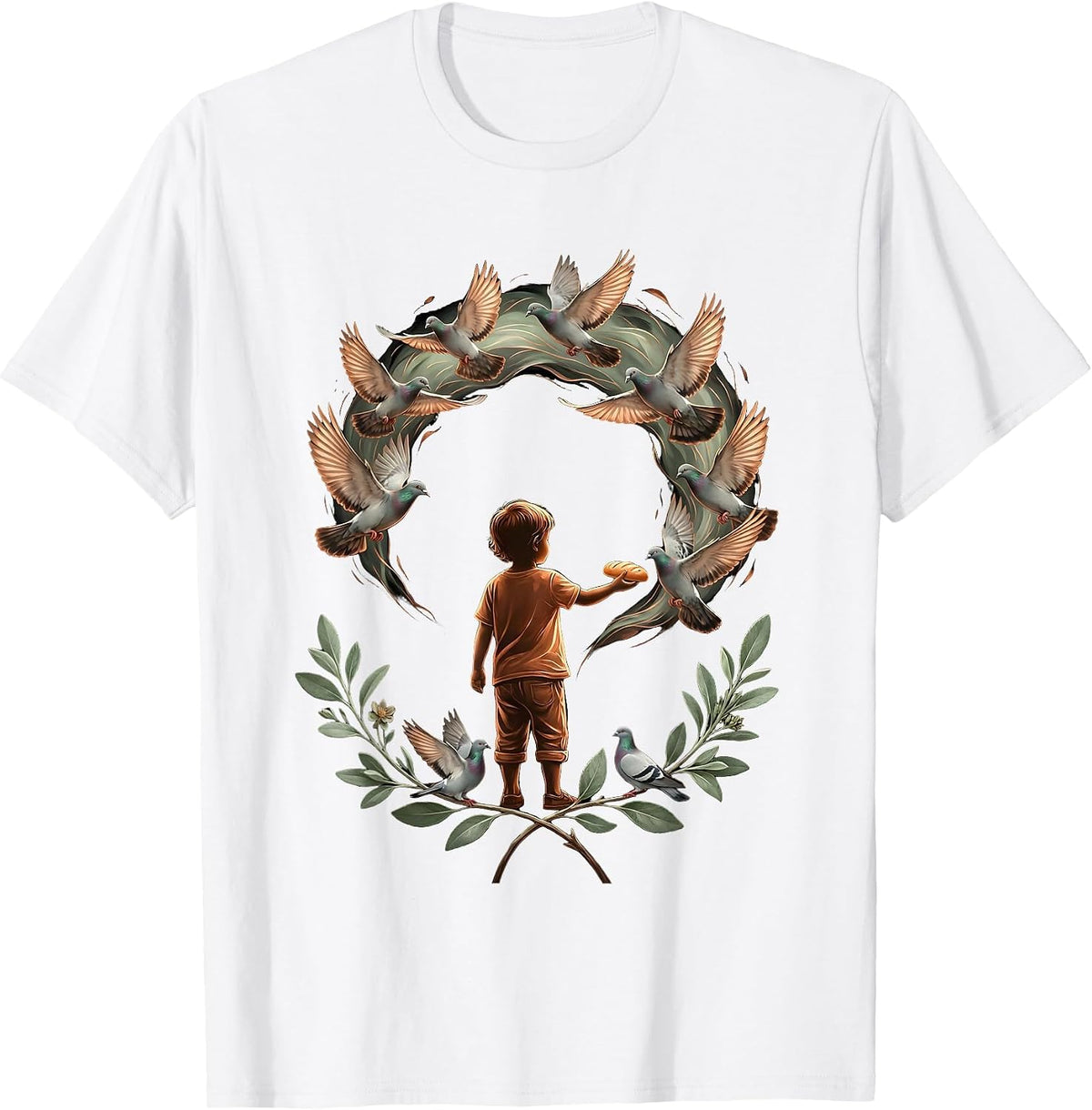 Child Feeding Pigeons Kindness Illustration T-Shirt - White