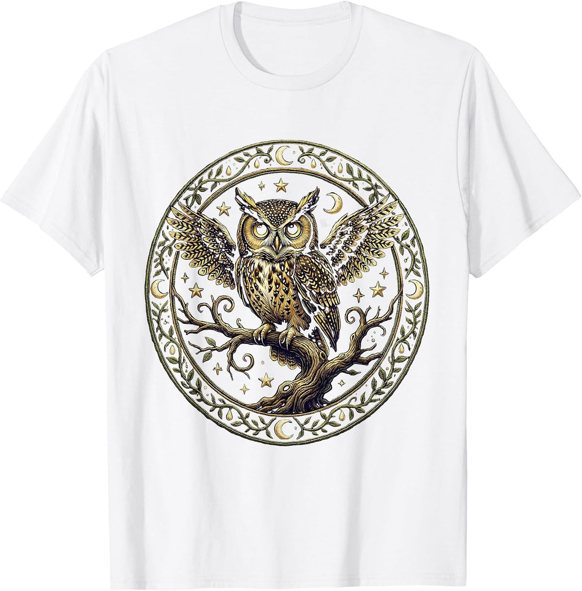 Men's Spooky Owl Glowing Eyes on Branch Halloween Design T-Shirt - White