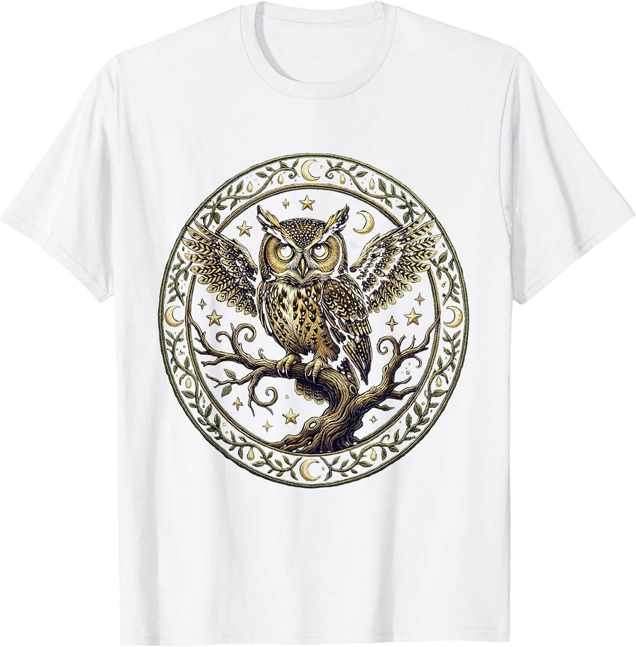 Men's Spooky Owl Glowing Eyes on Branch Halloween Design T-Shirt - White