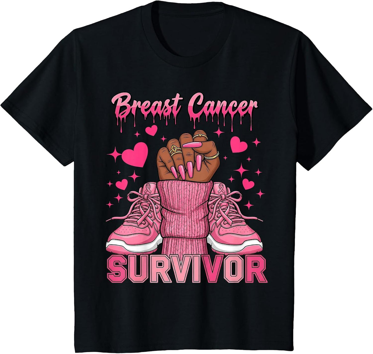 Breast Cancer Awareness Warrior Black Women Melanin Survivor T-Shirt - Black
