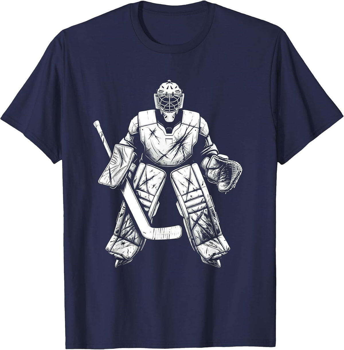 Battle-Worn Goalie Pads Armored Hockey Graphic T-Shirt - Navy Blue