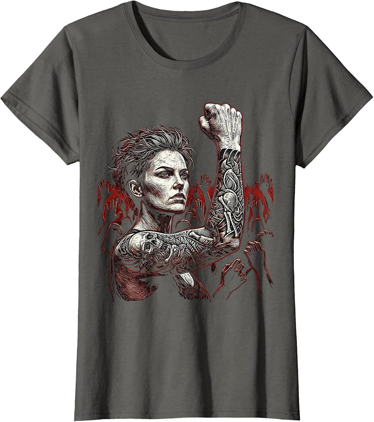 Women's Grunge Tattooed Fist Raise Crowd Illustration T-Shirt - Asphalt Grey